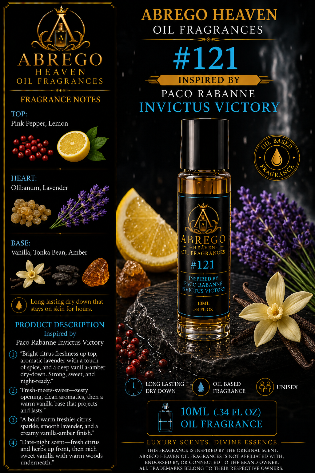 Abrego Heaven Oil Fragrances #121 – Inspired by Paco Rabanne Invictus Victory