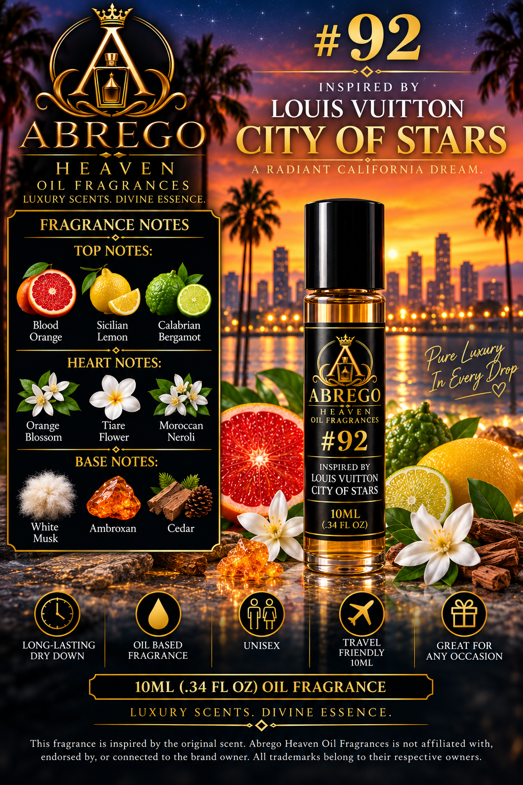 Abrego Heaven Oil Fragrance #92 – Inspired by LV City of Stars – 10ML Unisex