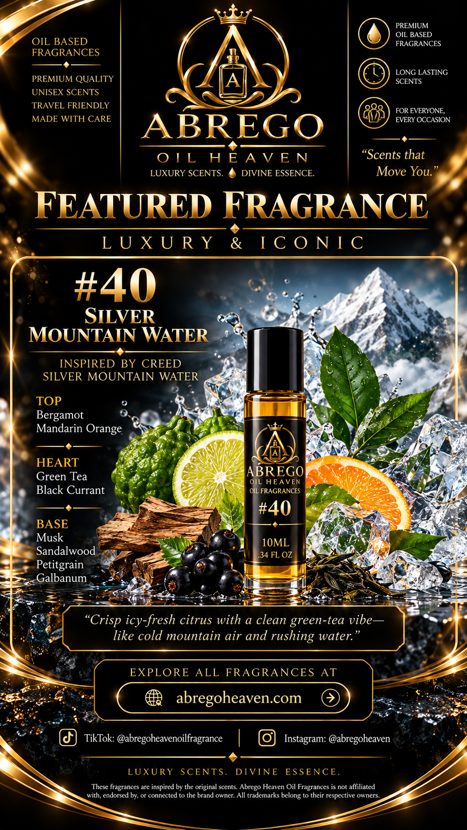 Abrego Heaven Oil Fragrances #40 INSPIRED BY CREED SILVER MOUNTAIN WATER