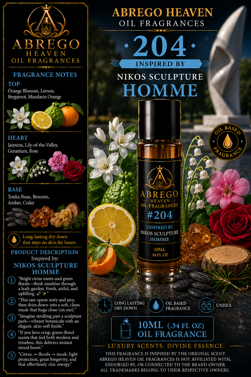 Abrego Heaven Oil Fragrances #204 - Inspired by Nikos Sculpture Homme