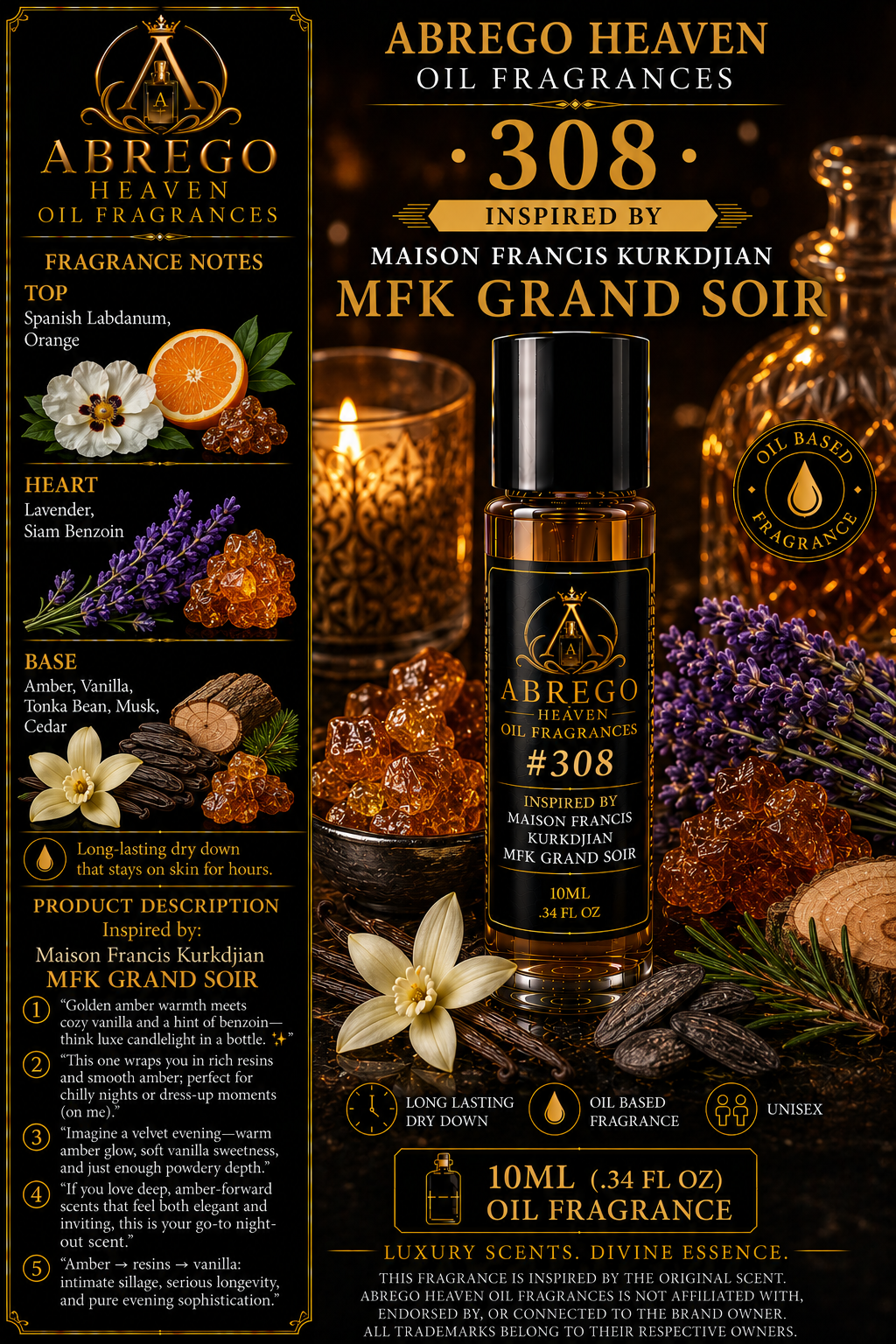 #308 — Inspired by Maison Francis Kurkdjian Grand Soir | Unisex Fragrance Oil | 10 mL